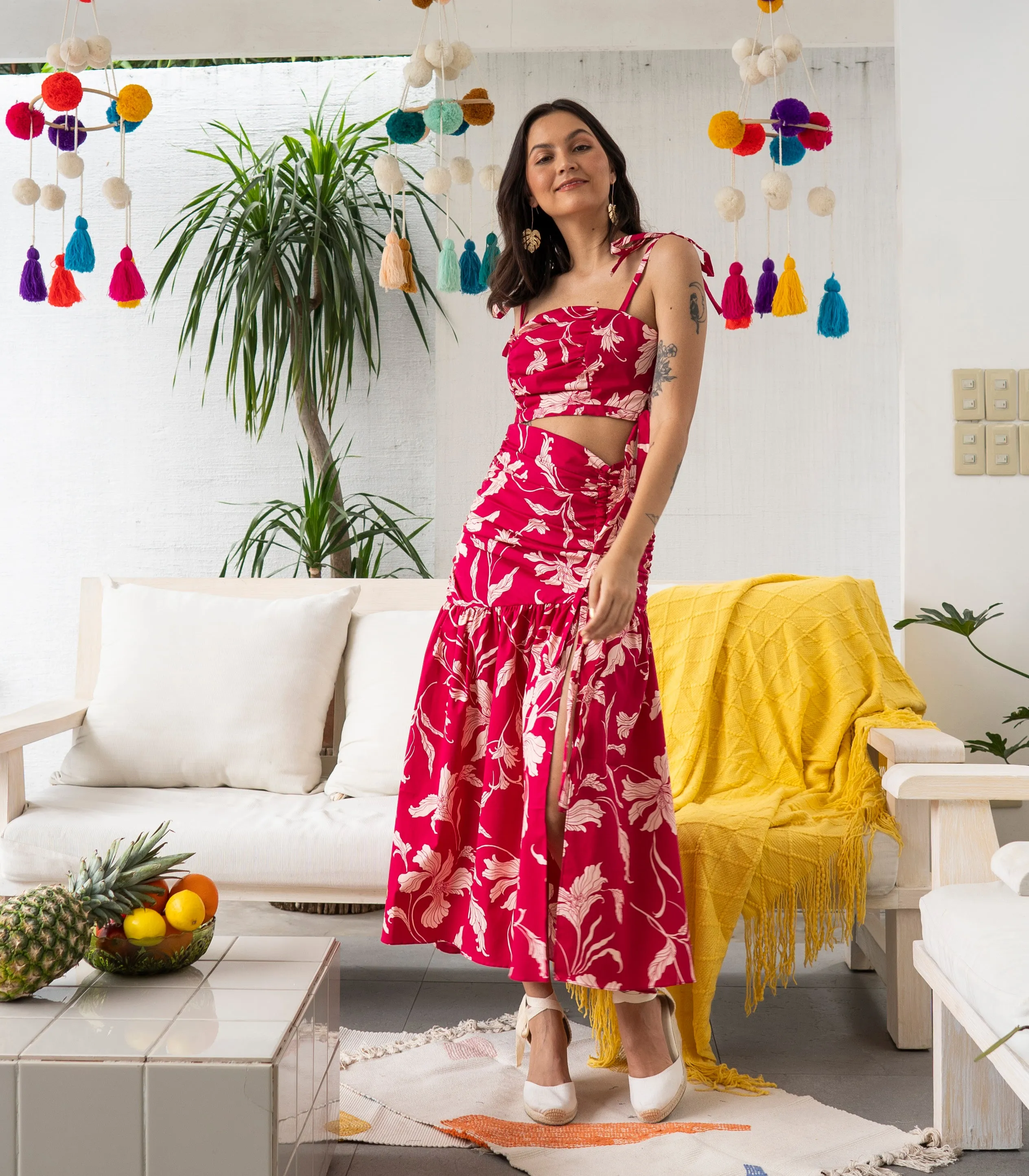 Pretoria Ribbon Tie Top and Ruched Skirt Set (Pink Floral)