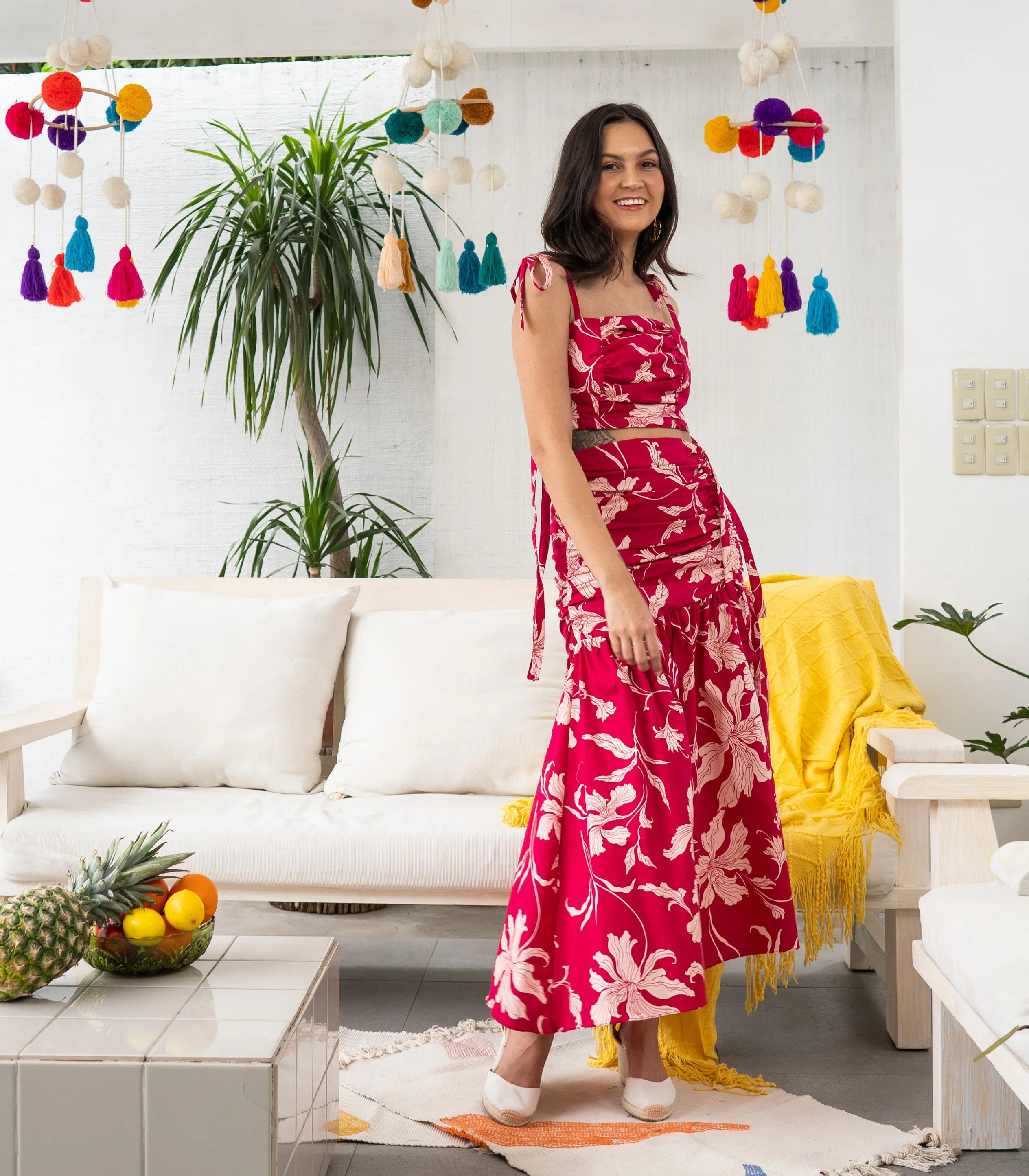 Pretoria Ribbon Tie Top and Ruched Skirt Set (Pink Floral)