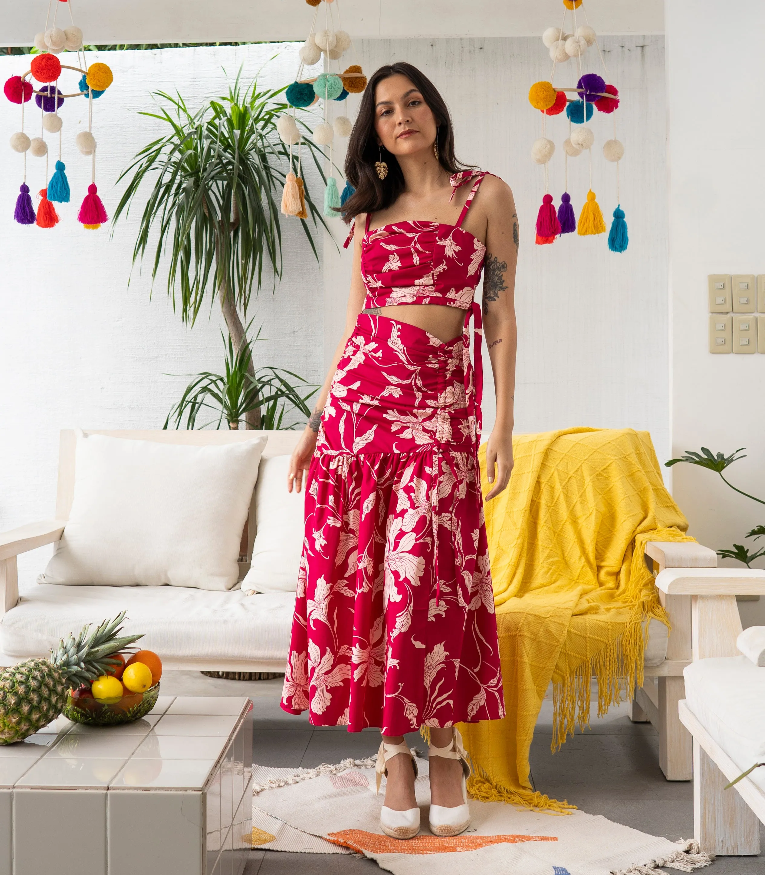 Pretoria Ribbon Tie Top and Ruched Skirt Set (Pink Floral)