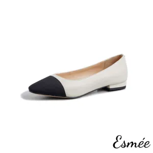 【Size 38 Speical Offer】Leather Ballet Flats with Black Toe Cap