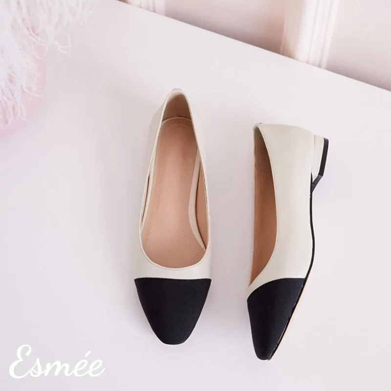 【Size 38 Speical Offer】Leather Ballet Flats with Black Toe Cap