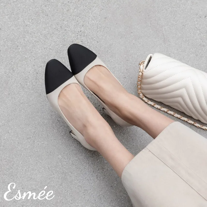 【Size 38 Speical Offer】Leather Ballet Flats with Black Toe Cap