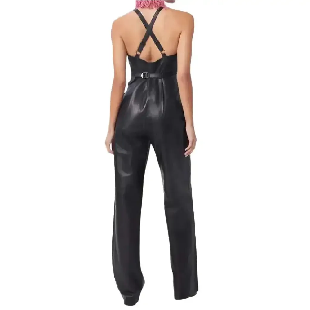 Women's Black Leather Jumpsuit – Stylish Straight-Leg Design