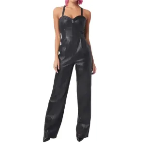 Women's Black Leather Jumpsuit – Stylish Straight-Leg Design