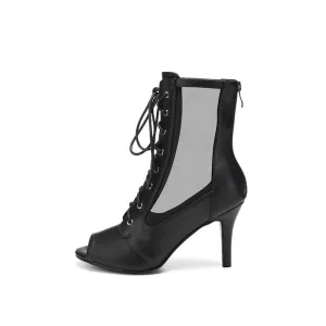 Women's Black Leather Mesh Zipper Heels Ankle Booties