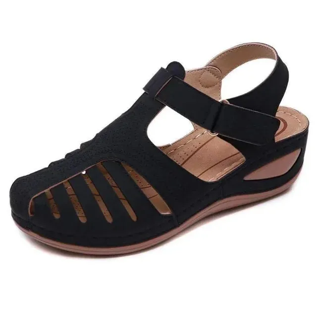 Women's Leather Vintage Buckle Sewing Solid Platform Sandals