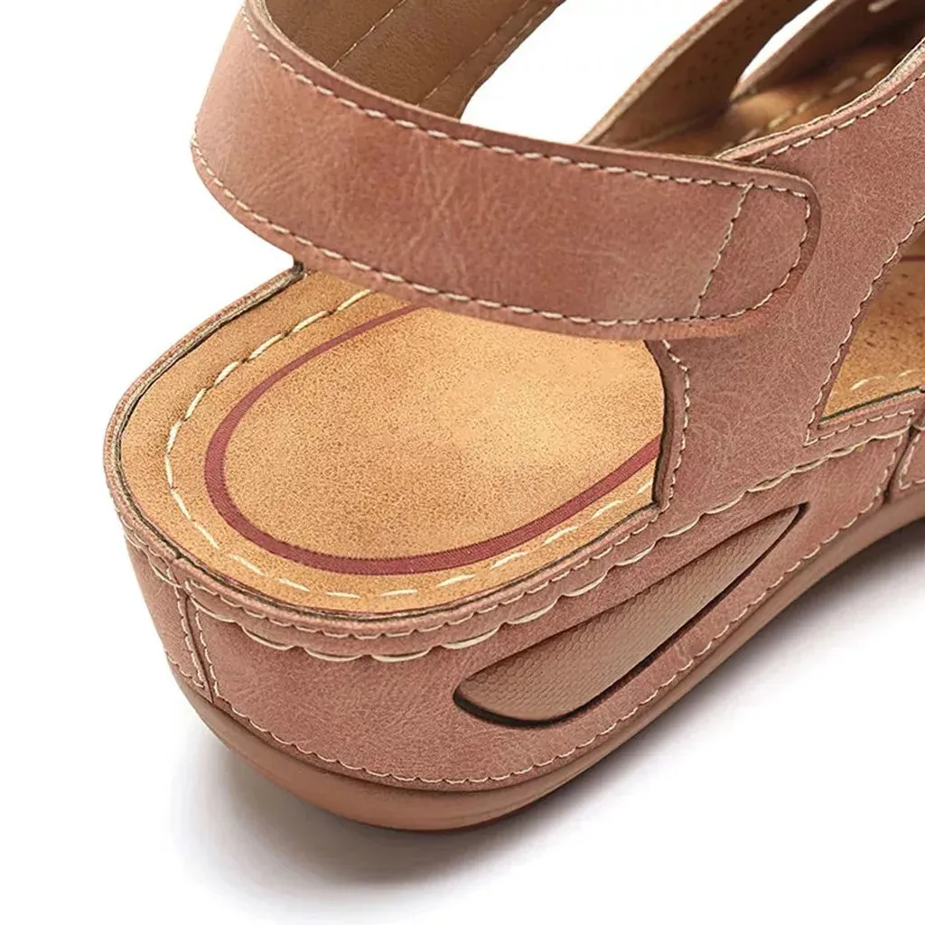Women's Leather Vintage Buckle Sewing Solid Platform Sandals
