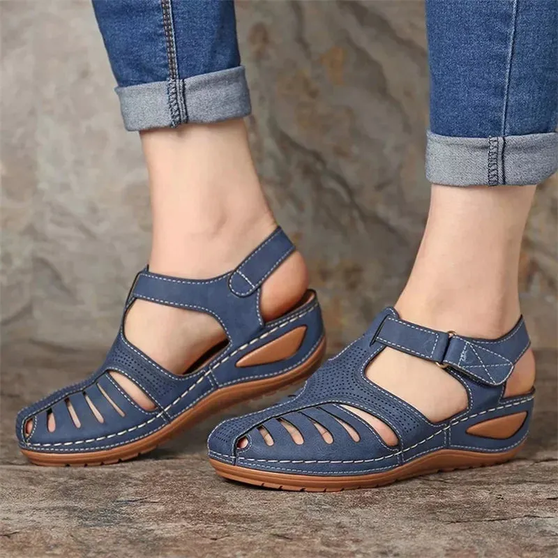 Women's Leather Vintage Buckle Sewing Solid Platform Sandals
